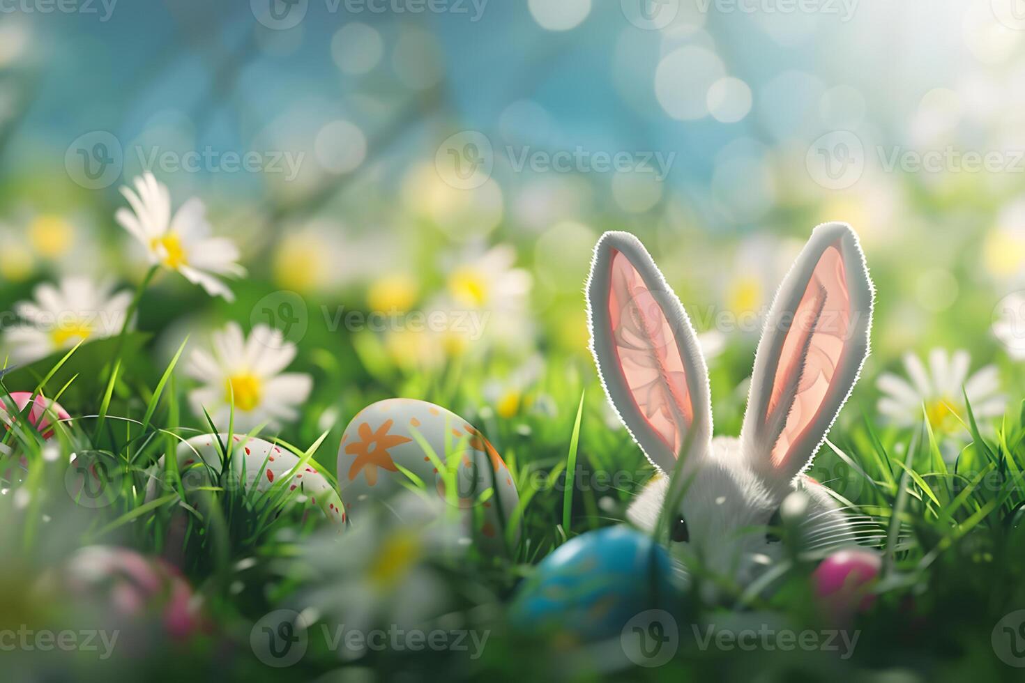 Bunny and painted Easter eggs in green grass in the garden among spring flowers, Happy Easter day concept and idea photo