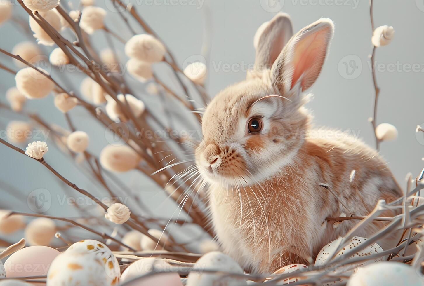 Rabbit, painted eggs and willow branches, soft muted pastel gray blue and beige color, Happy Easter day concept and idea. photo