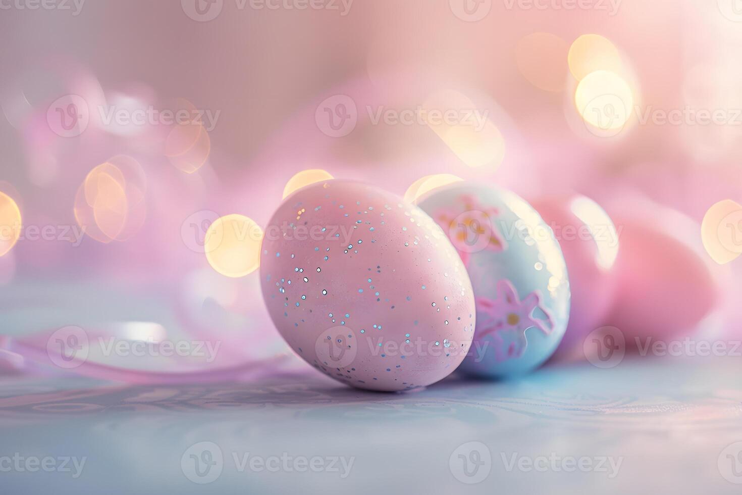 Colored Easter eggs, blur and bokeh, pink background, Happy Easter day concept and idea photo