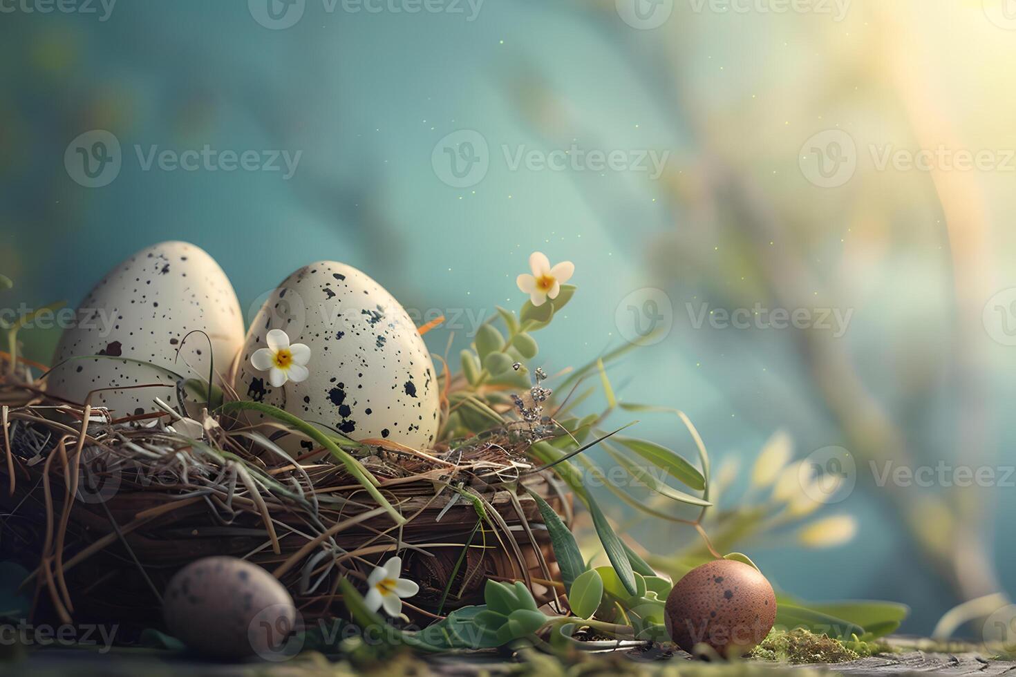 Painted Easter eggs in a nest in the grass in the morning spring sun, Happy Easter day concept and idea photo