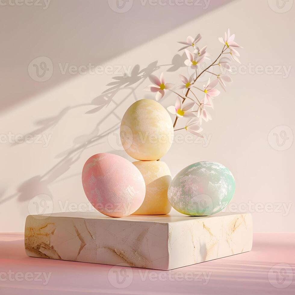 Painted Easter eggs and vase with branch with spring flowers, pastel colors, Happy Easter day concept and idea photo