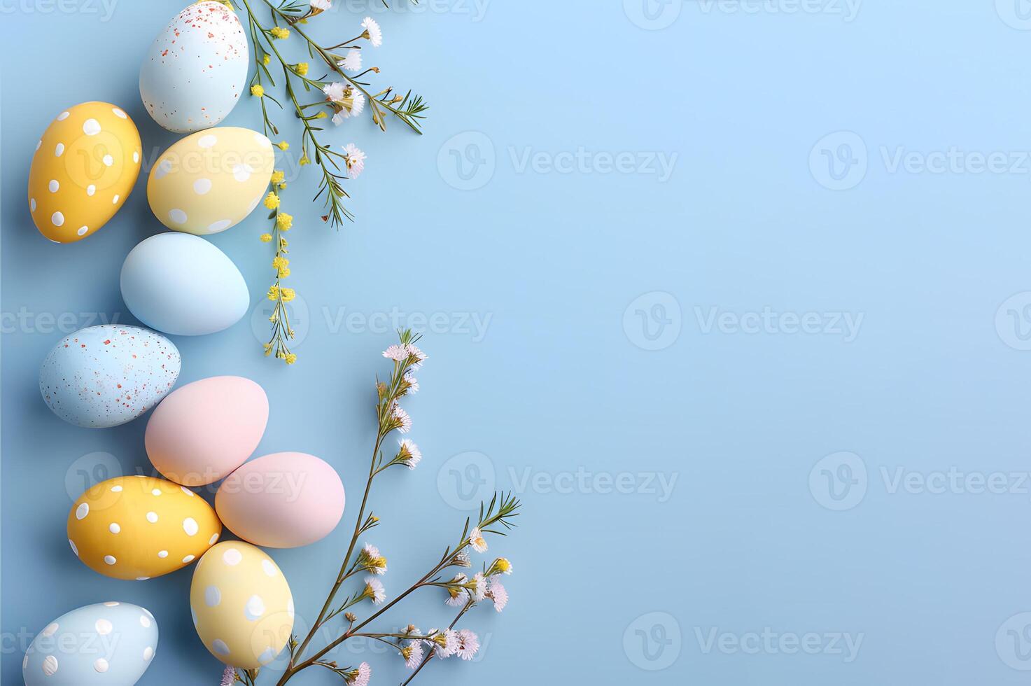Jewish Easter Passover spring holiday celebration, colorful easter eggs and spring flowers on blue background with. Flat lay, copy space top view, spring composition, happy easter greeting card. photo