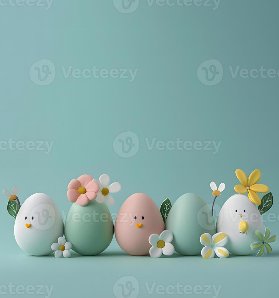 Painted pink, turquoise and white Easter eggs with painted faces and with flowers, Happy Easter day concept and idea, copy space photo