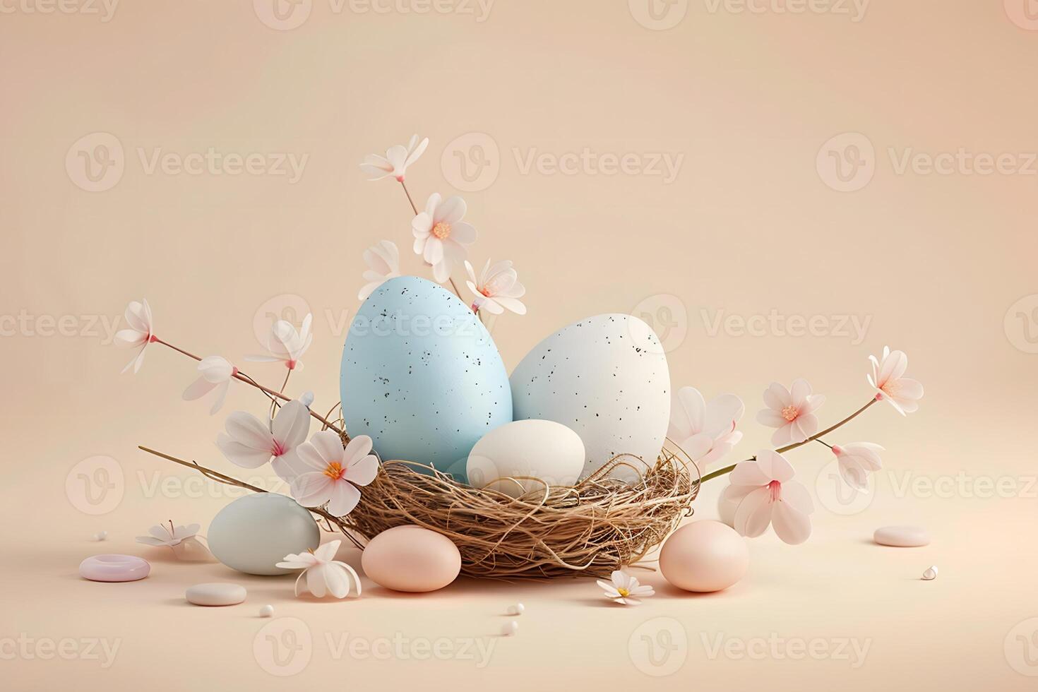 Painted blue Easter eggs in a nest among white flowers in the morning spring sun, pastel beige background, Happy Easter day concept and idea, copy space photo