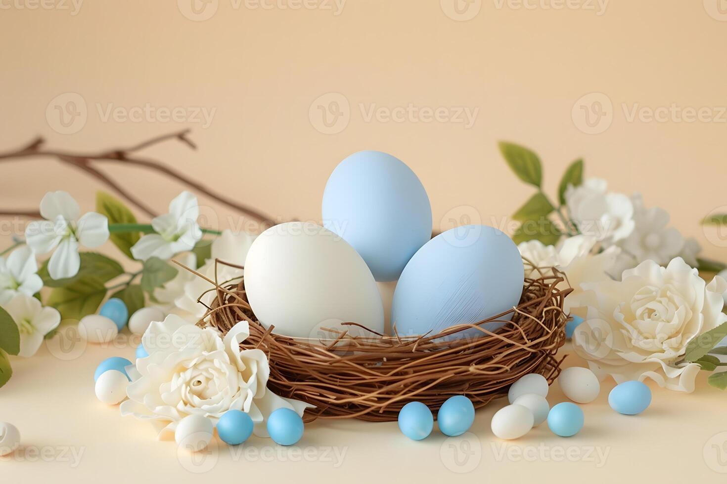 Painted blue Easter eggs in a nest among white flowers in the morning spring sun, pastel beige background, Happy Easter day concept and idea, copy space photo