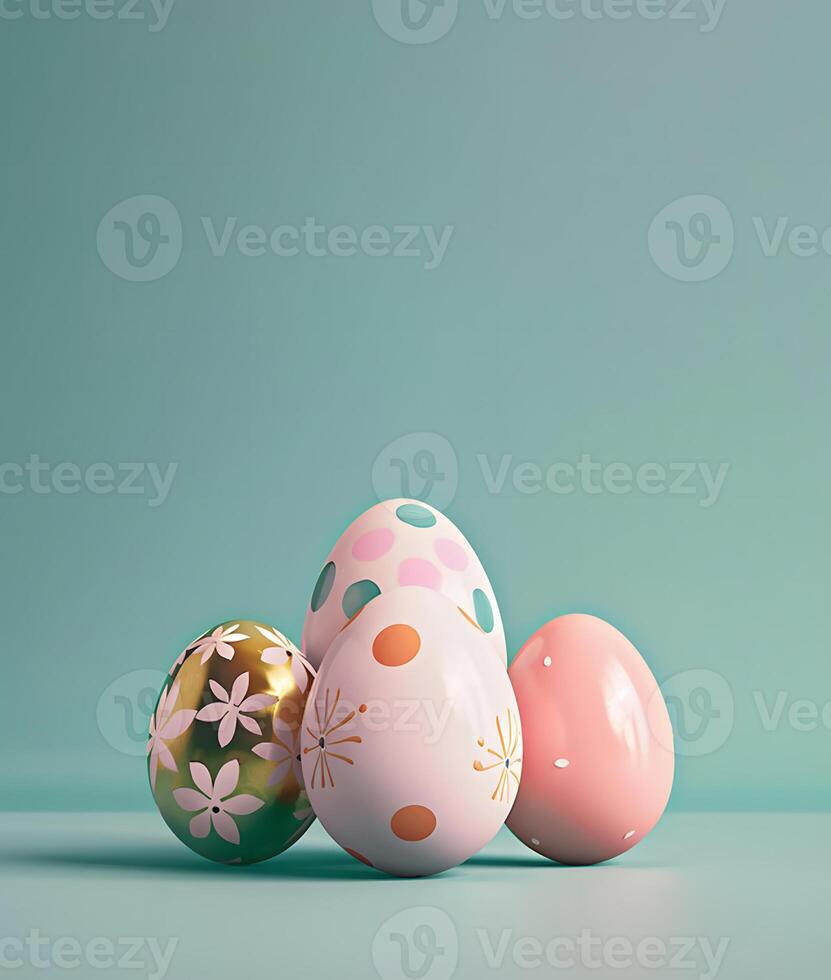 Painted pink and gold Easter eggs on a turquoise background, Happy Easter day concept and idea, copy space photo