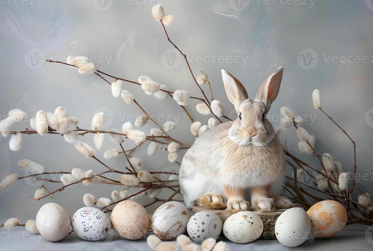 Rabbit, painted eggs and willow branches, soft muted pastel gray-blue color, concept and idea of a happy Easter day. photo