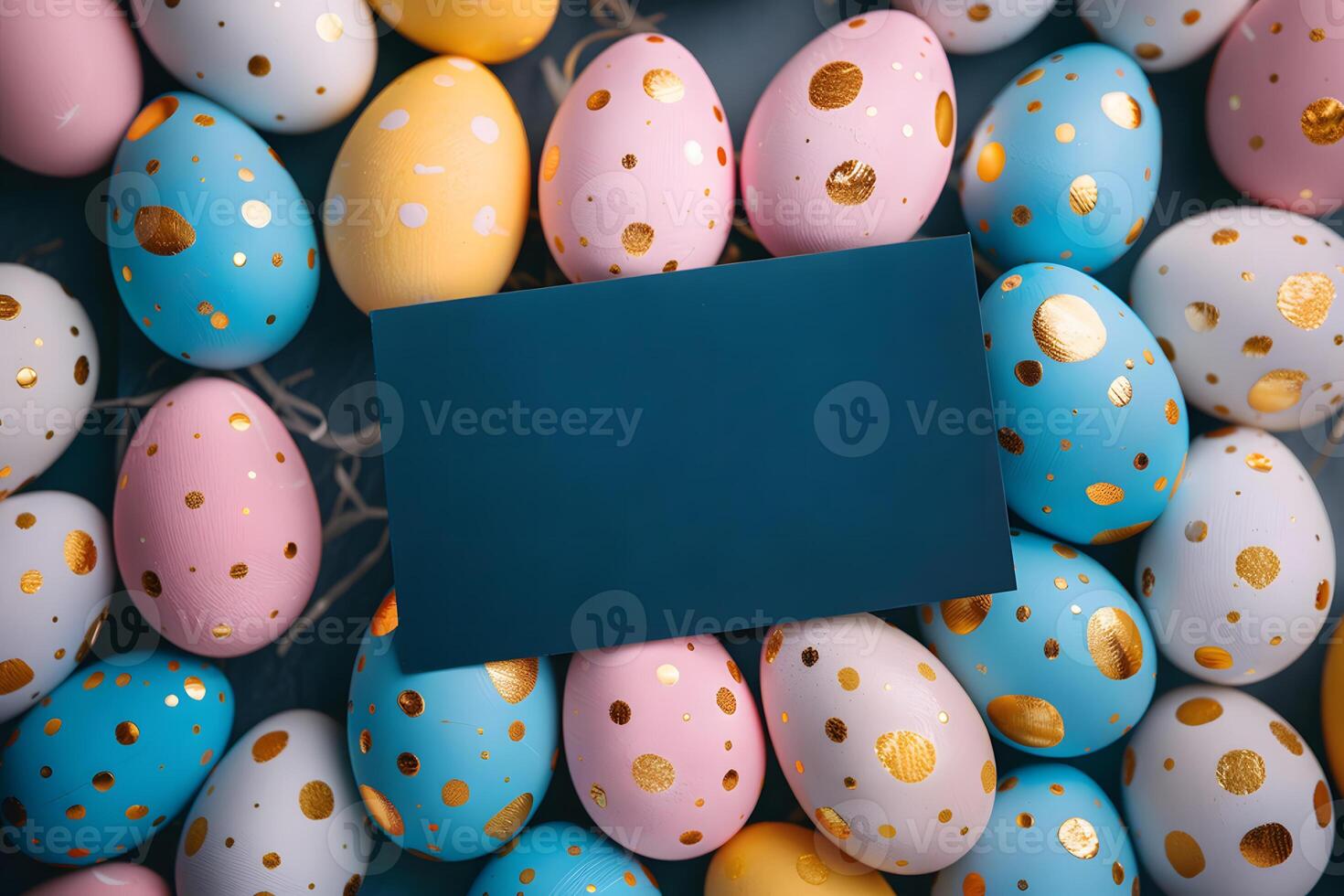Colored Easter eggs, white, pink, yellow and blue, Happy Easter day concept and idea with blank card for inscription, copy space photo