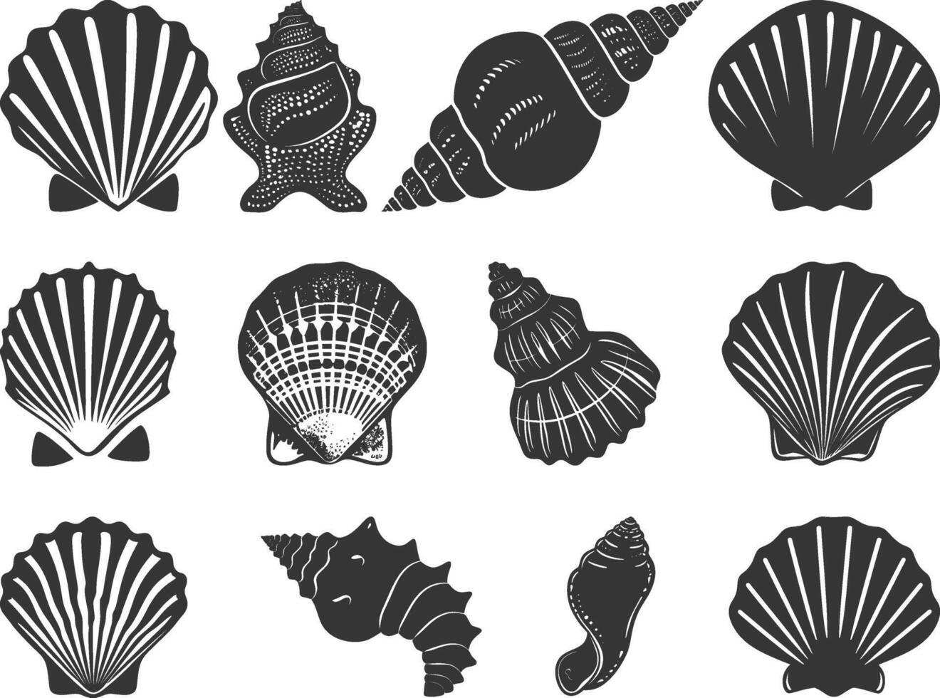 Set of seashells on white background, Scallop seashell logo, Ocean exotic underwater seashell conch aquatic mollusk, sea spiral snail, marine starfish, Hello, summer, Vacation, Undersea collection. vector