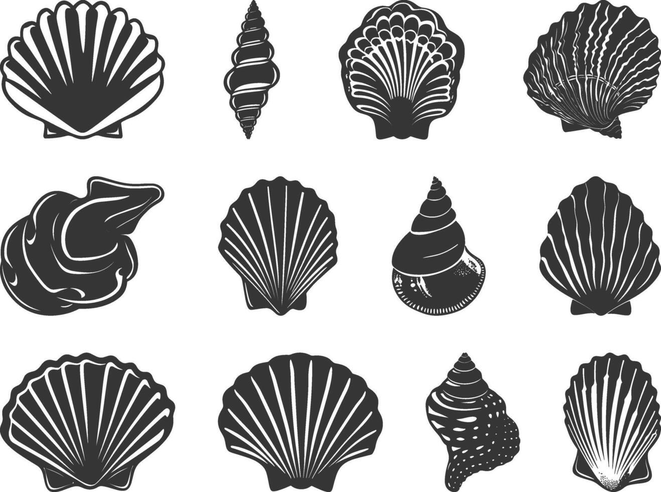 Set of seashells on white background, Scallop seashell logo, Ocean exotic underwater seashell conch aquatic mollusk, sea spiral snail, marine starfish, Hello, summer, Vacation, Undersea collection. vector