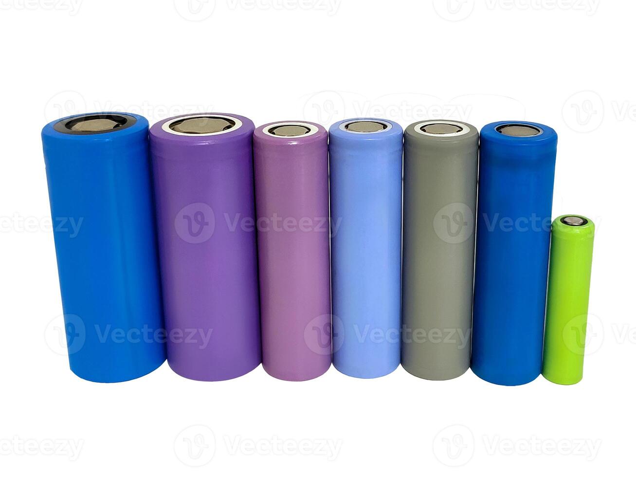 Rechargeable Lithium iron phosphate or LFP Cells, commonly known as LiFePO4, displayed against a white background. These batteries represent green power energy. photo