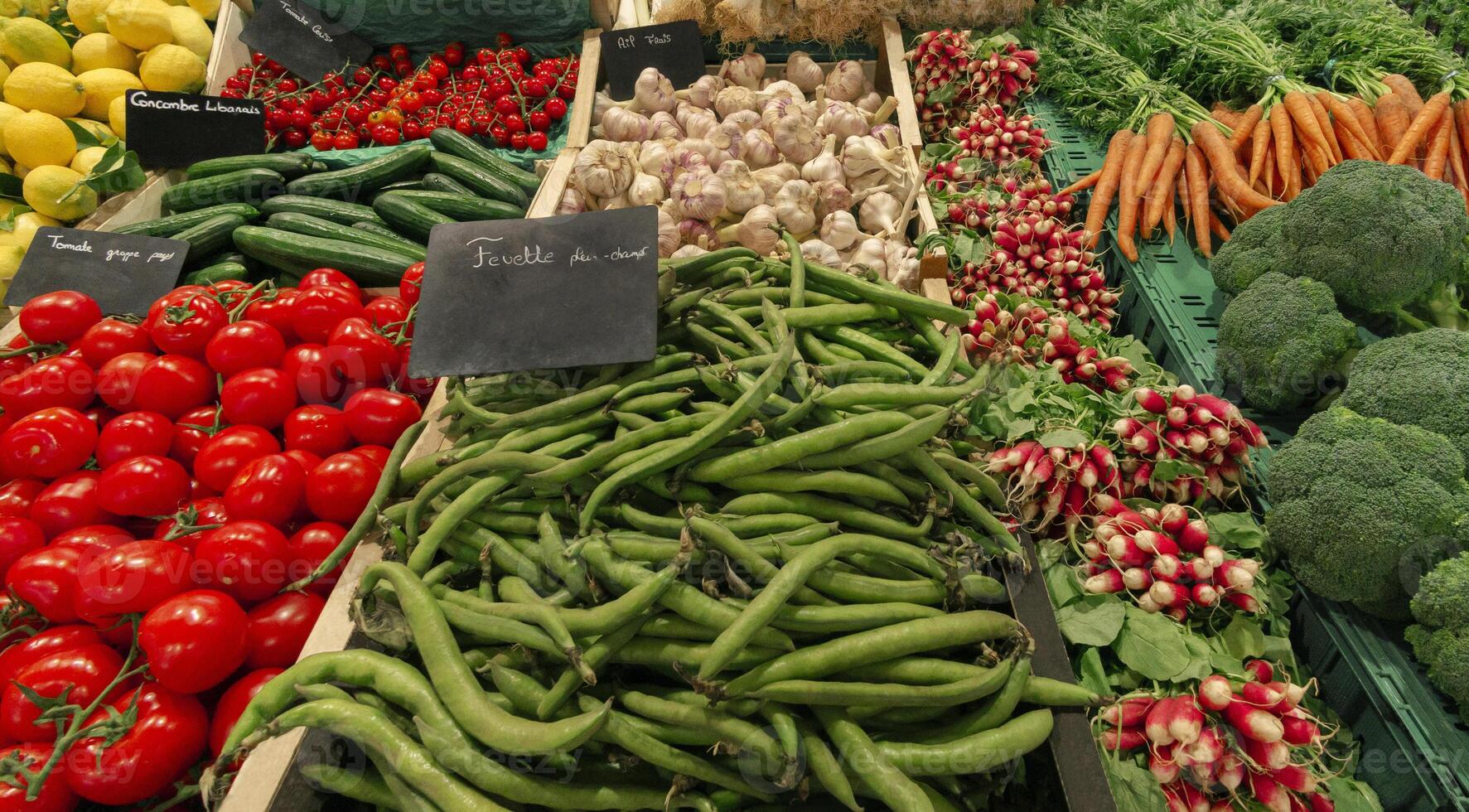 Organic vegetables stall at street market. Fresh vegetables from local farms. Vegetarian concept. photo