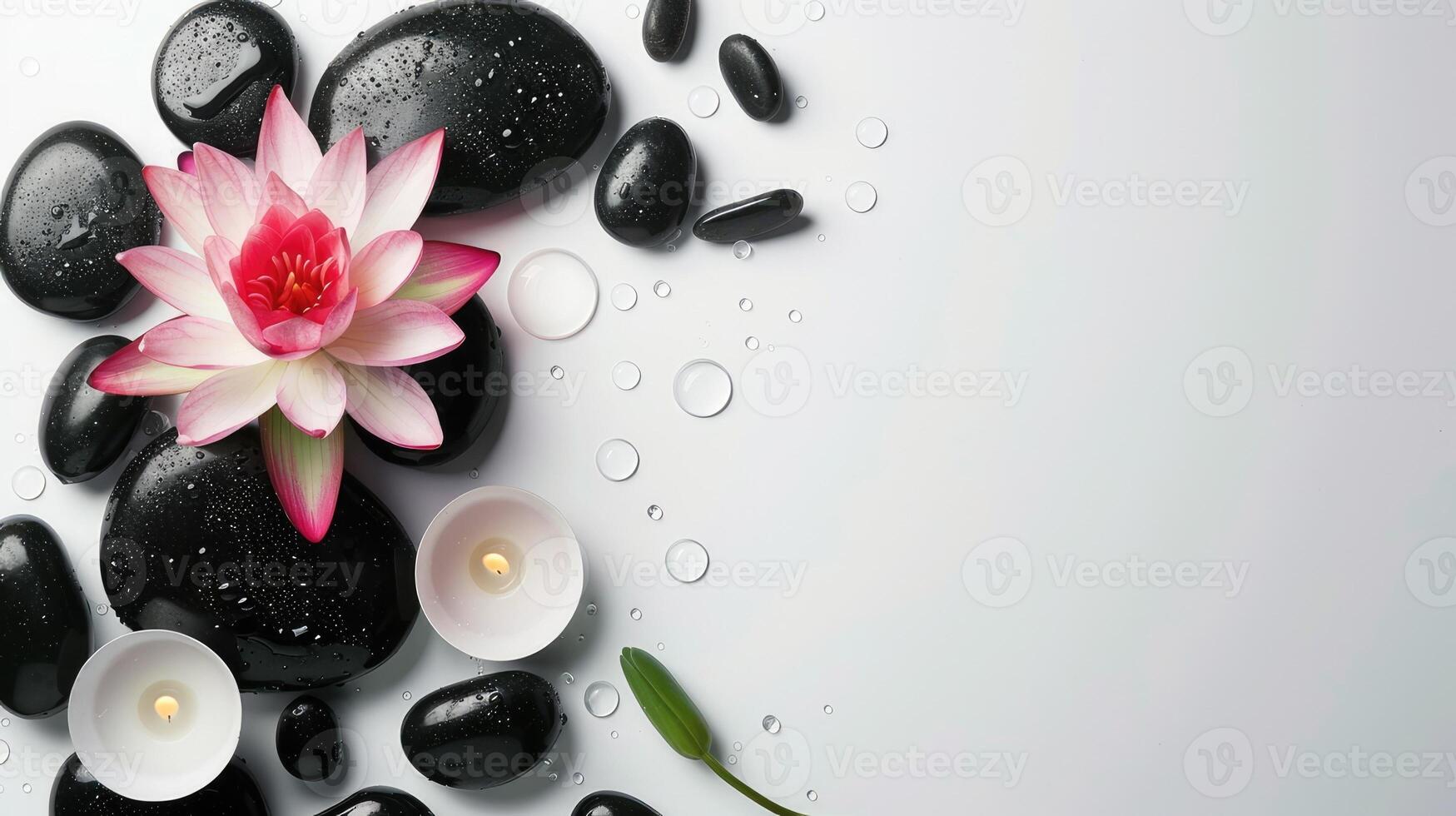 Lotus flower, black stones and candles on a white background, top view with copy space. photo