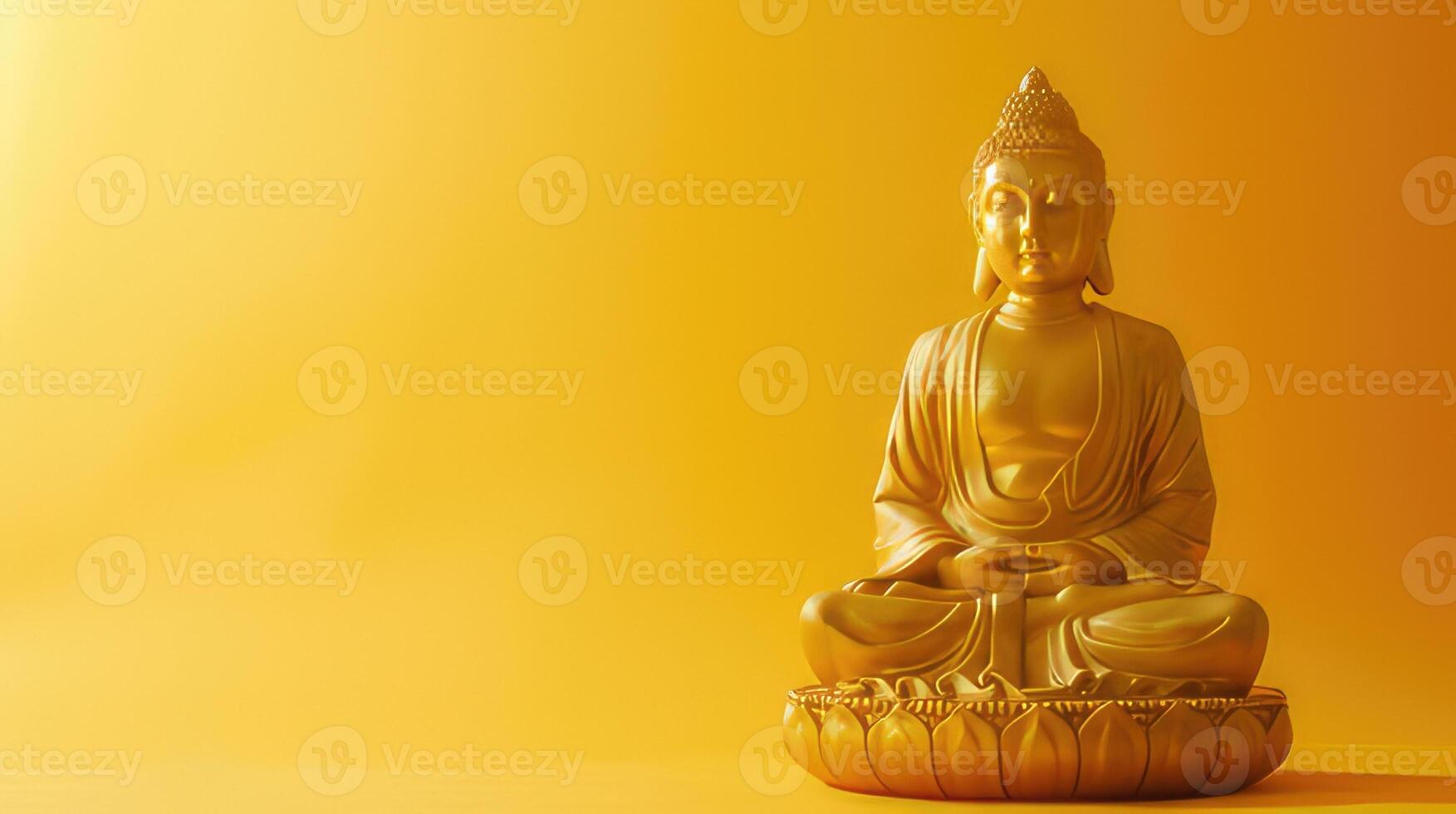 Golden statue of Buddha meditating in lotus position on a yellow background. Copy space photo