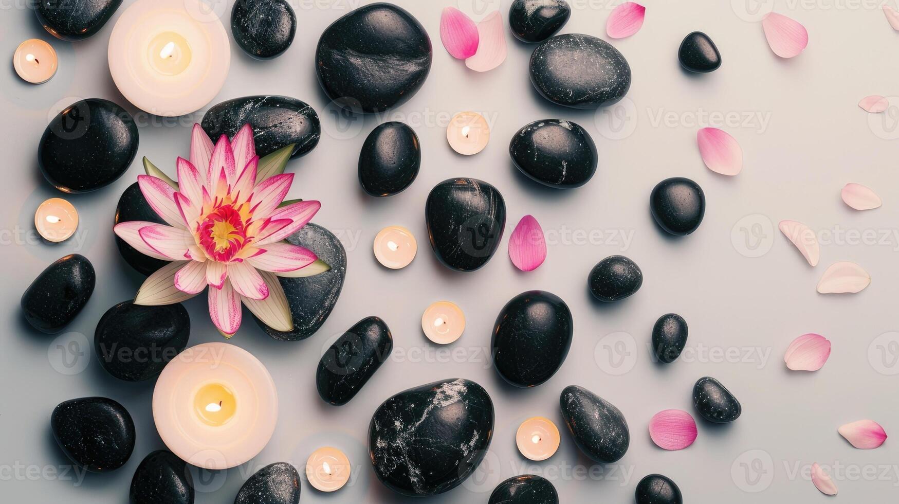 Light background with lotus, black stones and candles. View from above photo