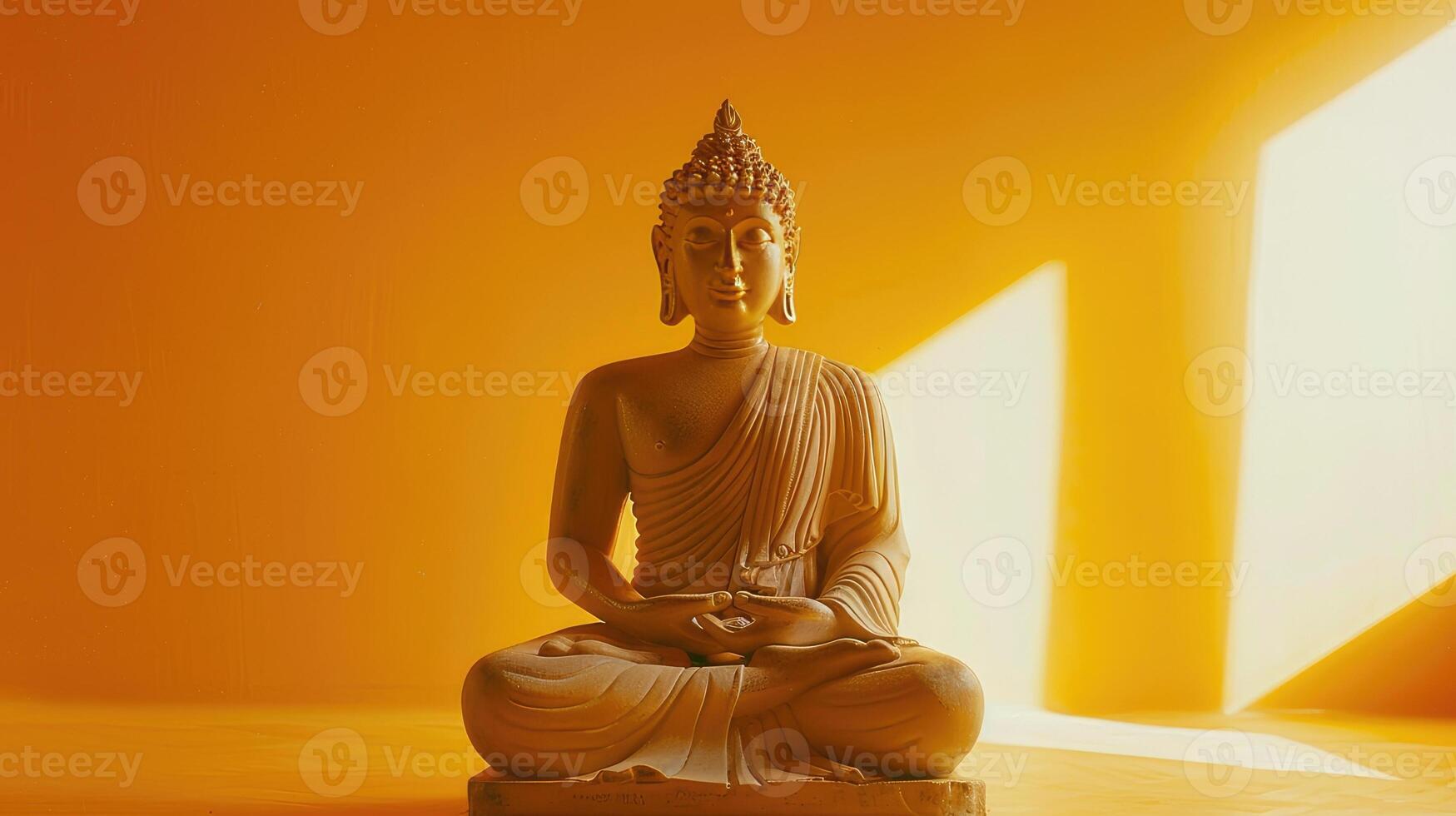 Buddha statue in gold color meditating in lotus position on a yellow background. photo