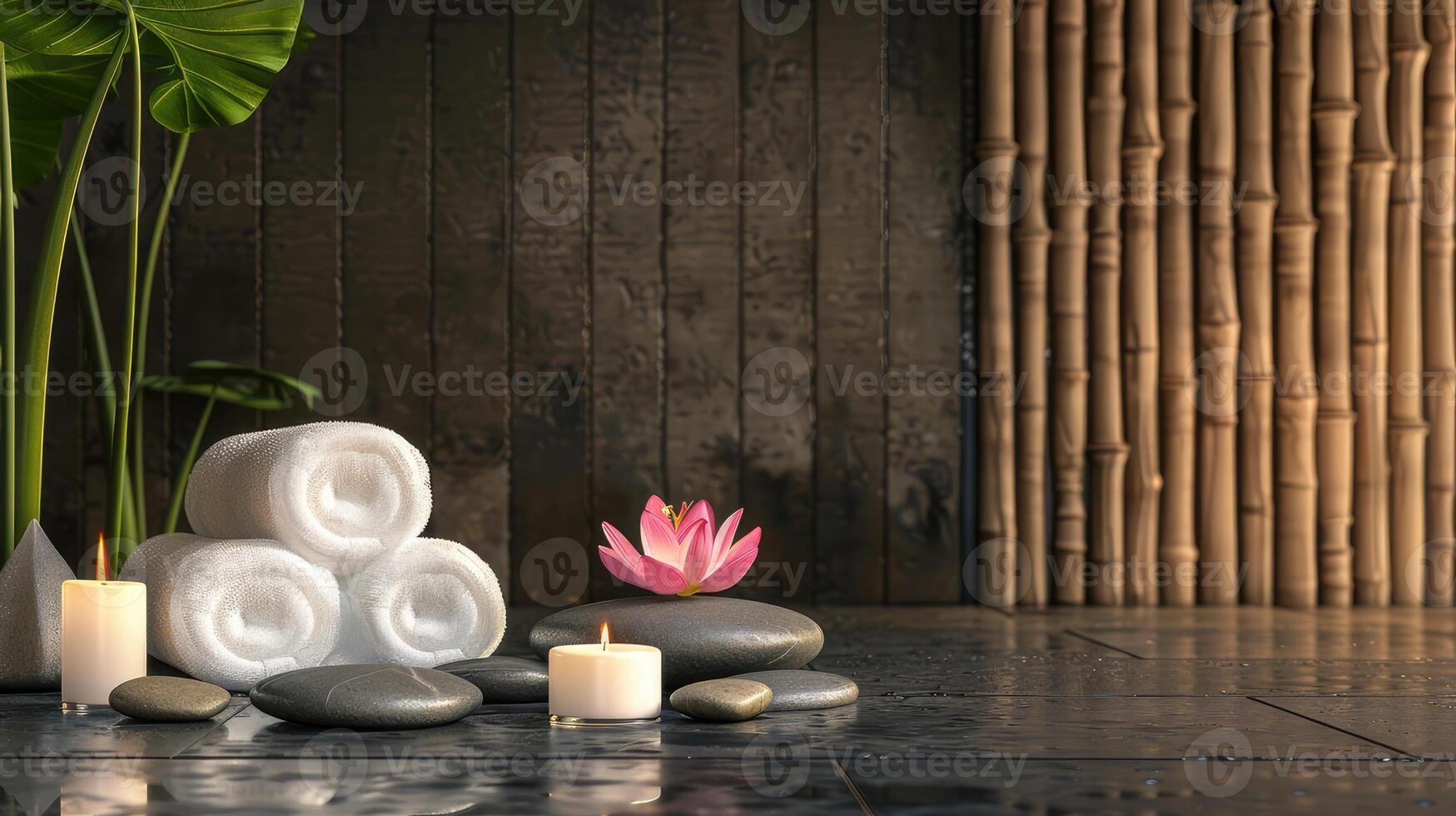 Background for spa salon. Candles, fluffy white towels, lotus flower and black stones. Place for text photo