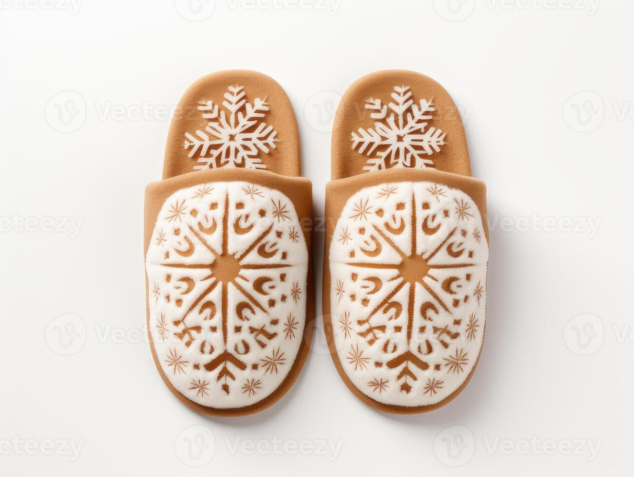 Cozy brown slippers with a pattern. Top view. Isolated on white background. photo