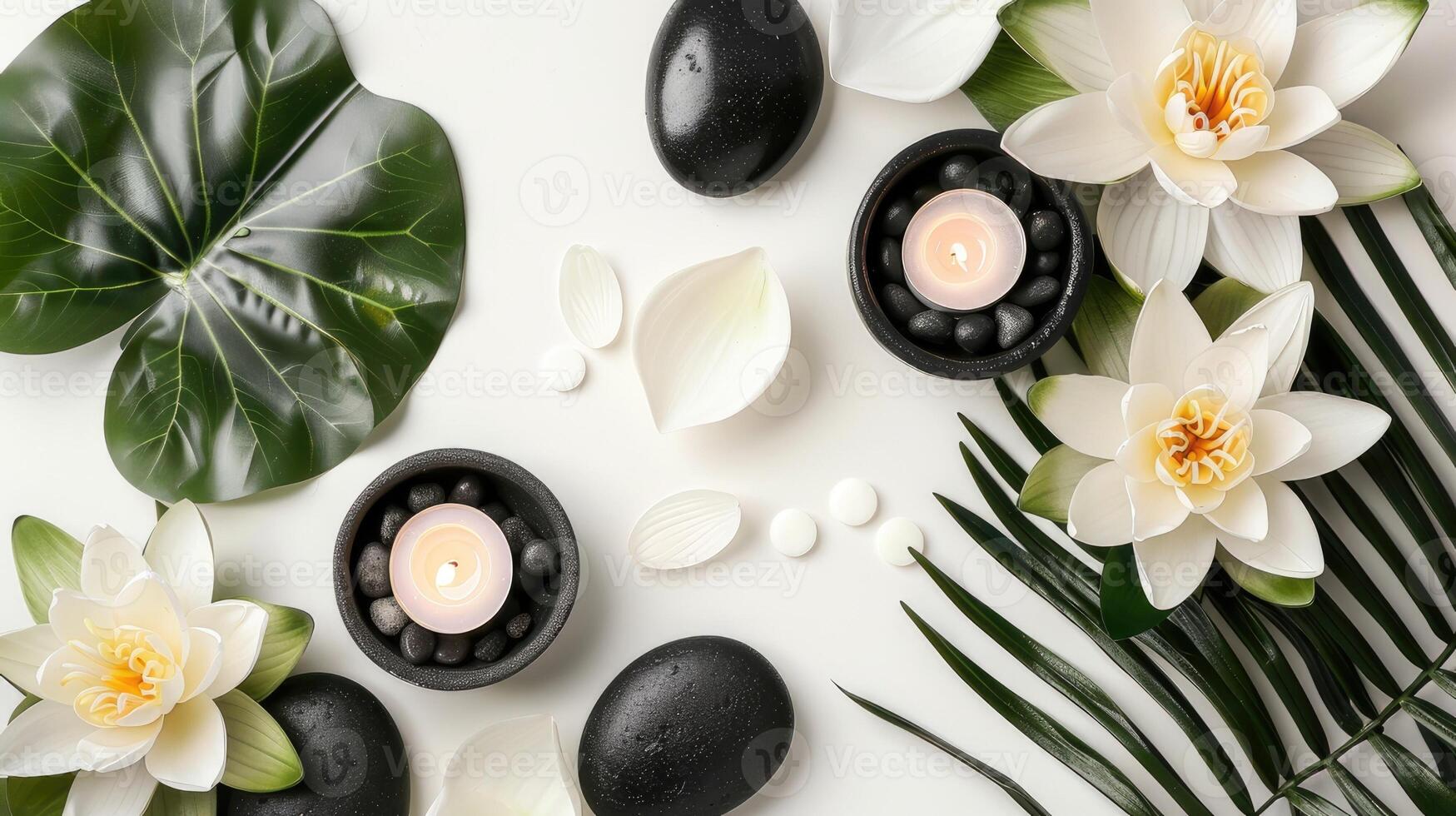 Light background with lotus, black stones, candles and tropical leaves. View from above photo