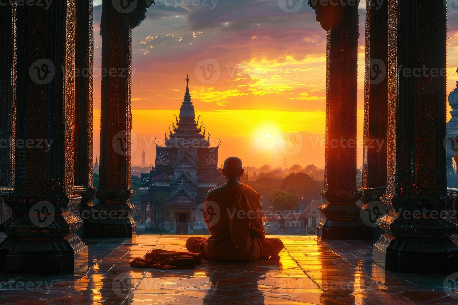 Thai Buddhist monk praying at sunrise while sitting on the balcony. photo