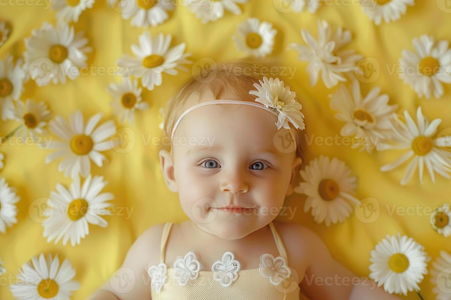 Portrait of a small child on a yellow background with daisies photo