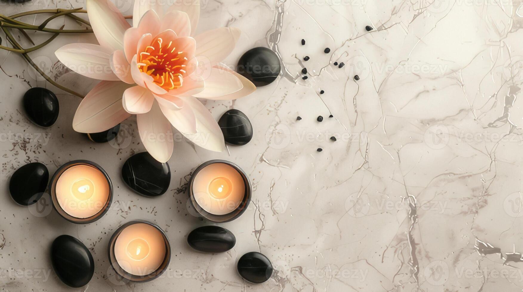 Lotus flower, black stones and candles on a light textured background with copy space. View from above photo