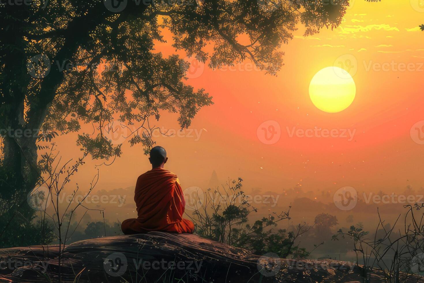Thai Buddhist monk praying at sunrise while sitting on a hill. photo