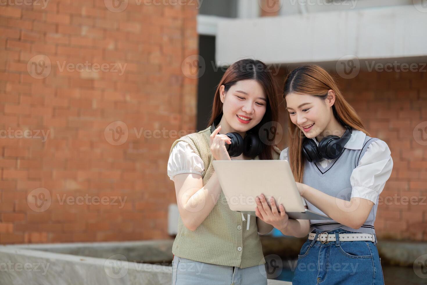 Asian young campus student enjoy learn study and reading books together. Friendship and Education concept. Campus and university photo