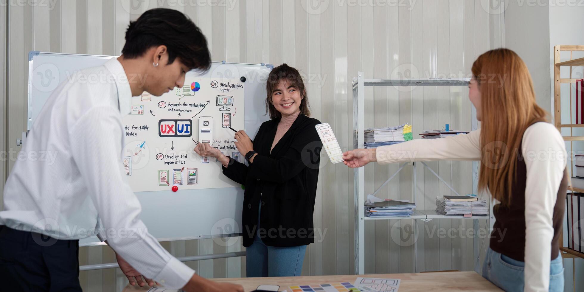 ux developer and ui designer presenting mobile app interface design on whiteboard in meeting at office. Creative digital development mobile app agency. digital transformation photo