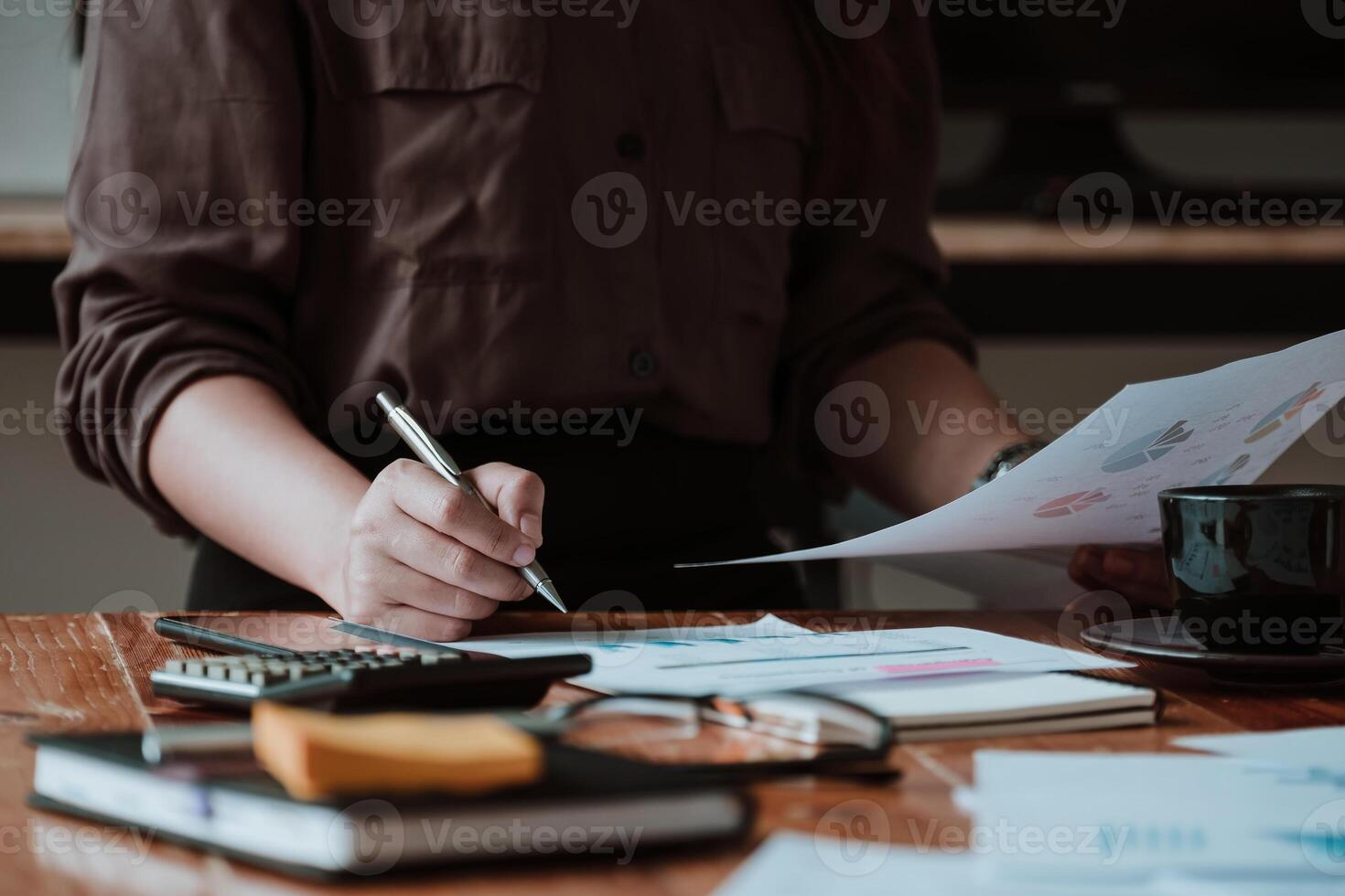 businesswoman working data document graph chart report marketing research photo