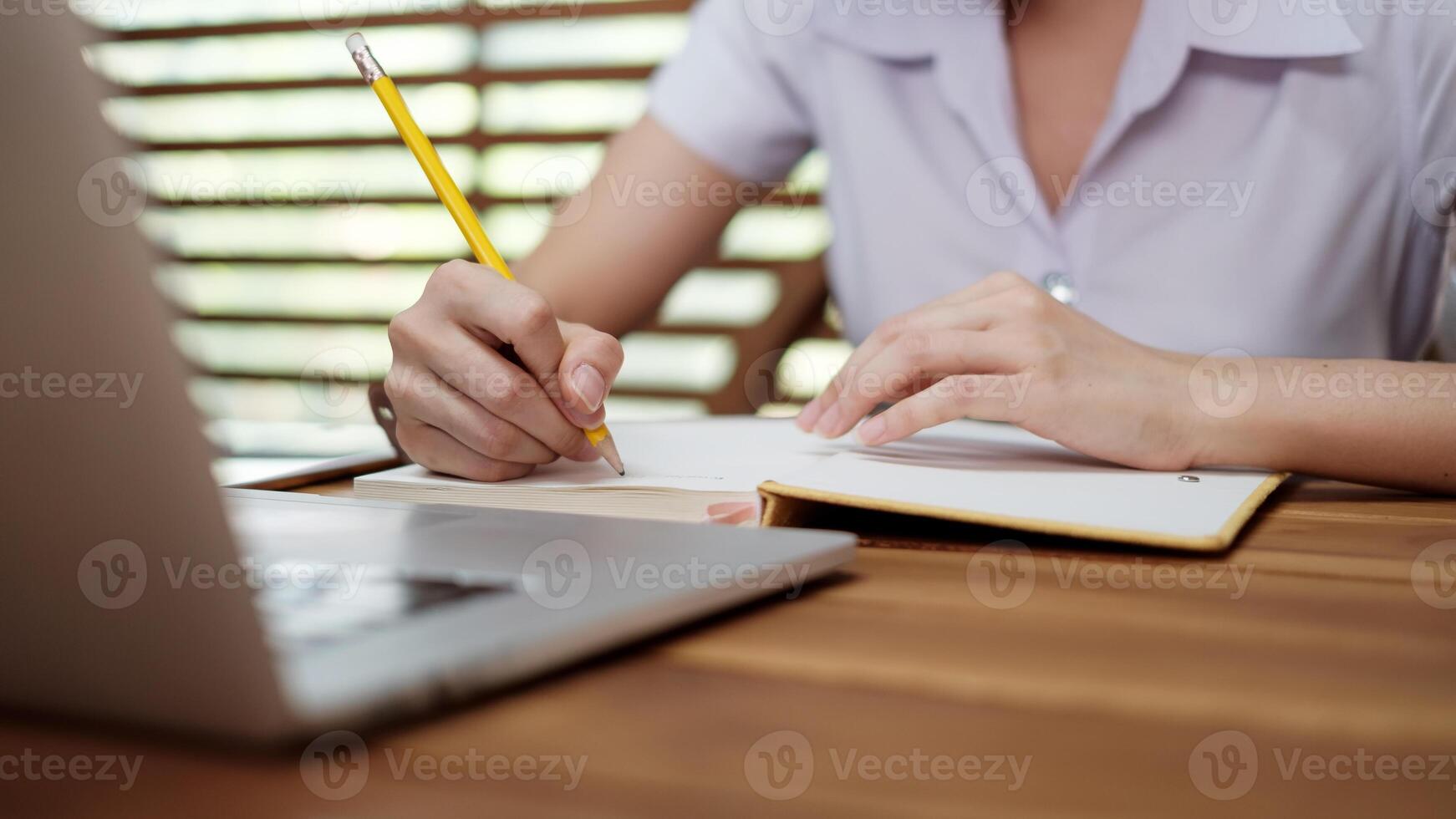 Young girl writing note with pen inspired ideas list on notepad while working on laptop computer photo