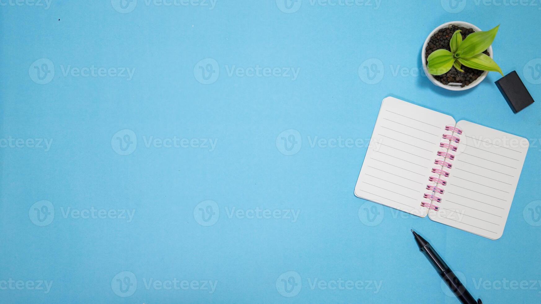 Education or back to school Concept. Top view of Colorful school supplies with books, color pencils, calculator, pen cutter clips and apple on blue pastel background. Flat lay photo