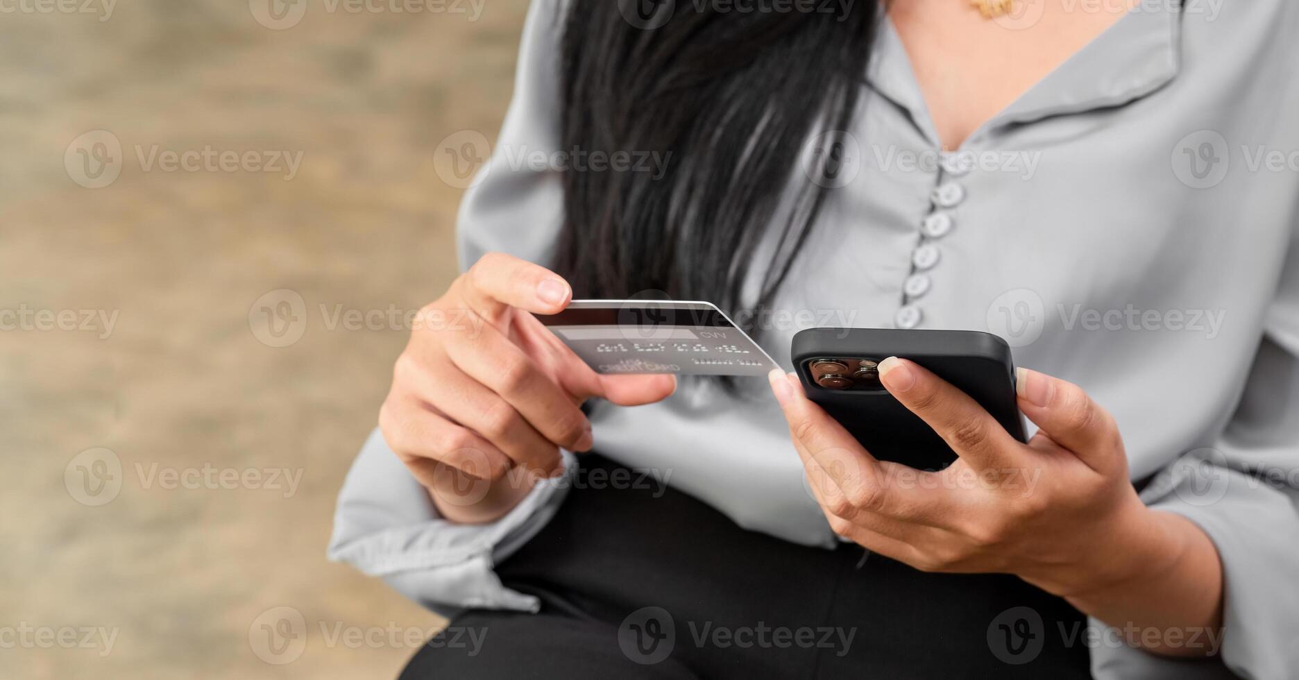Woman holding credit card and using smartphone at home, businessman shopping online, e-commerce, internet banking, spending money, working from home concept photo