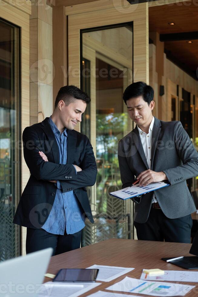 Business person present to professional investor working new start up project. Finance managers meeting and discussion about analysis data on charts and graphs showing the results. Business finance. photo