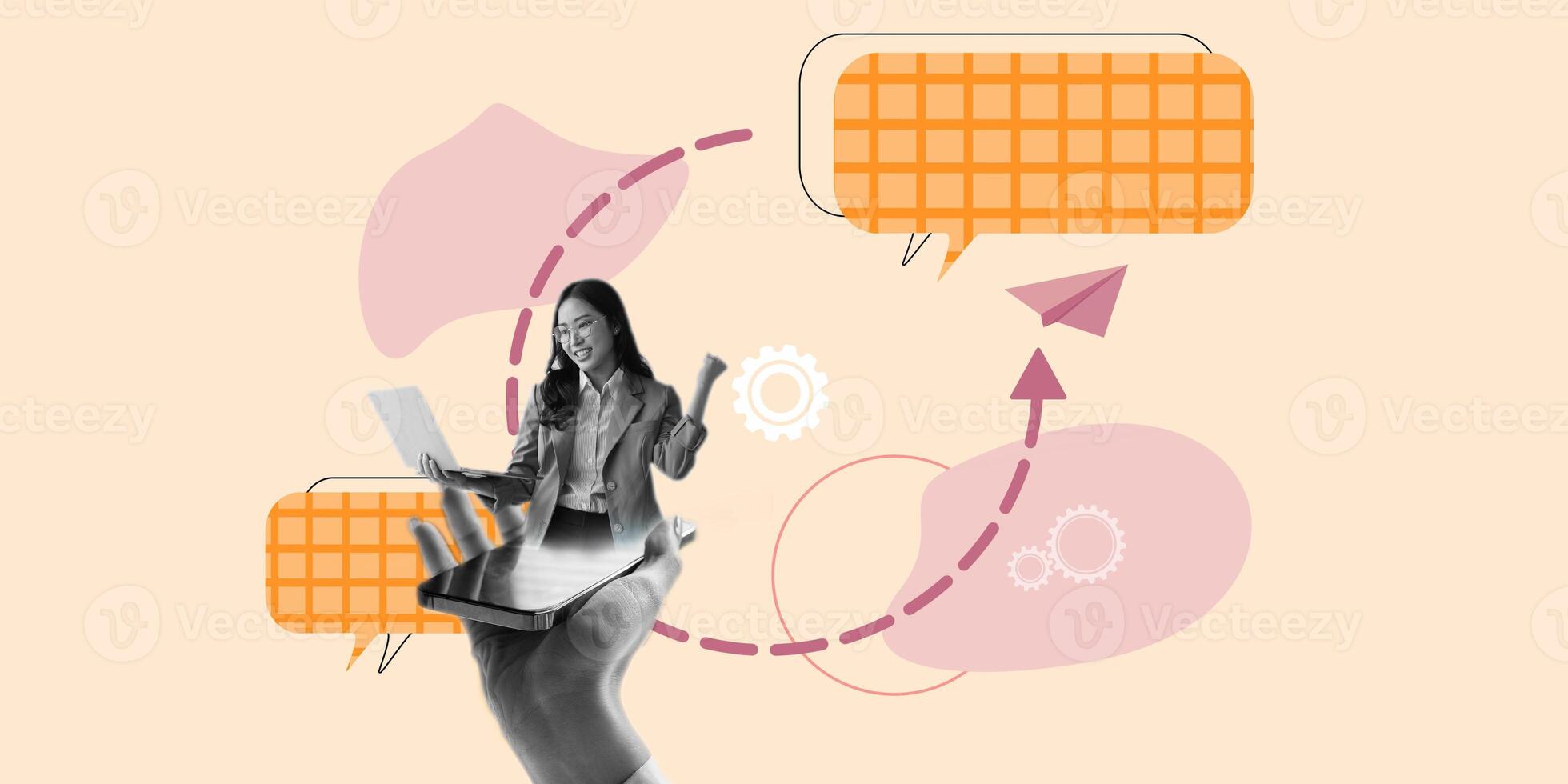 Image collage business lady working remote chatting send message airplane repairing isolated photo