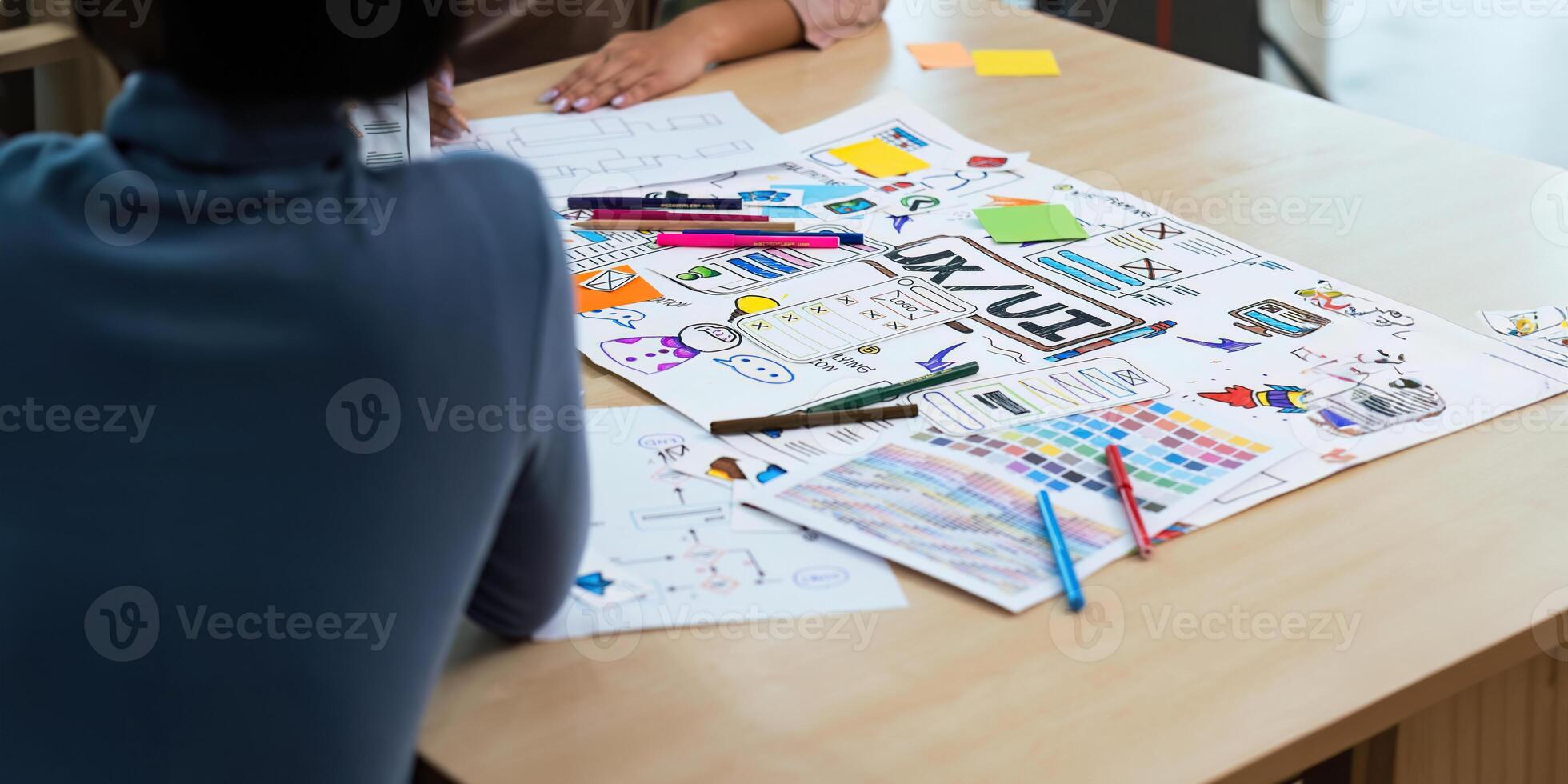 Close up ux developer and ui designer use augmented reality brainstorming about mobile app interface wireframe design on desk at modern office. creative digital development agency photo