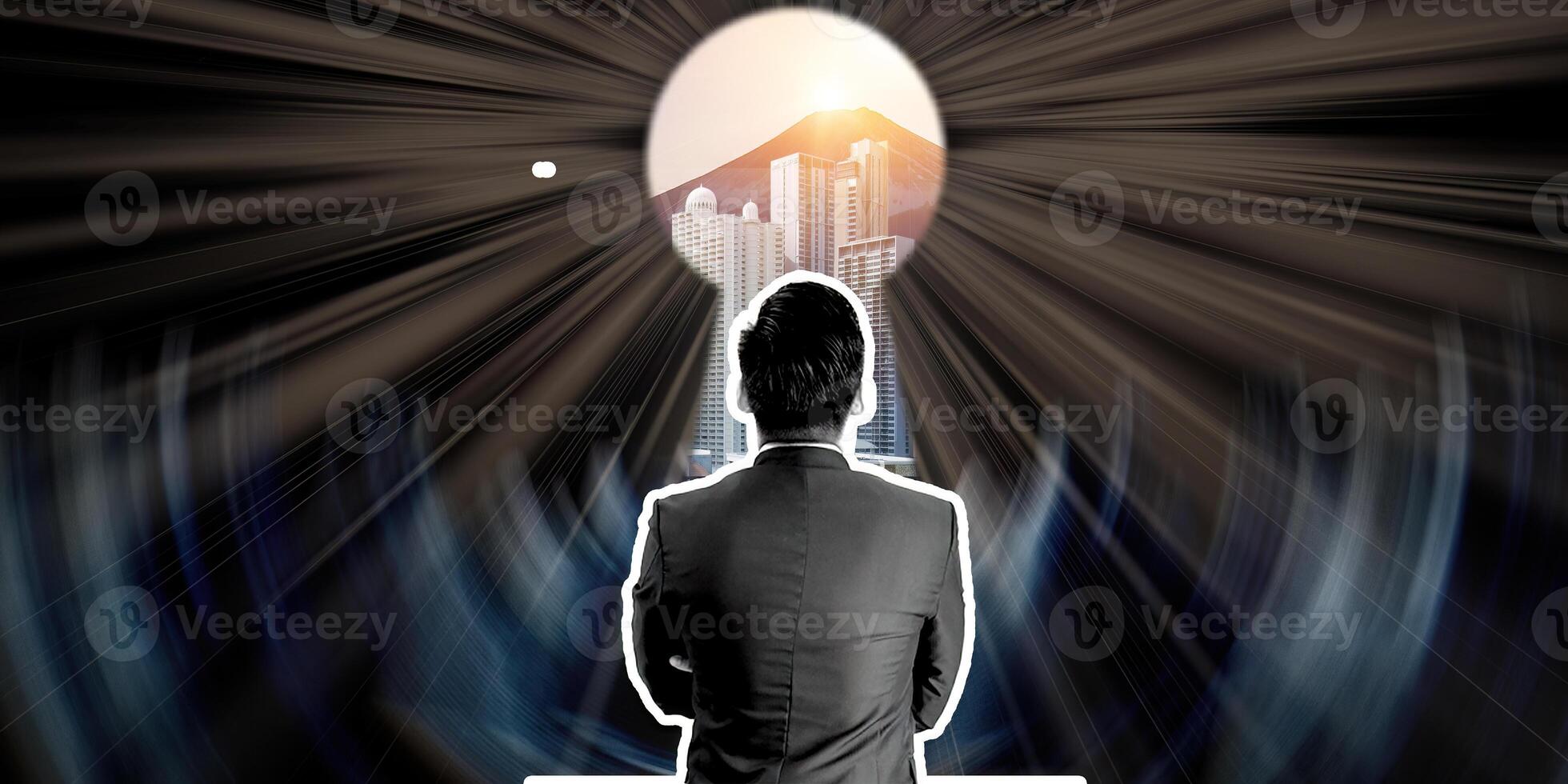 Businessman look at to door concept of success, goal, motivation, growth, courage, target. concept of ambition, growth, opportunity, motivation photo