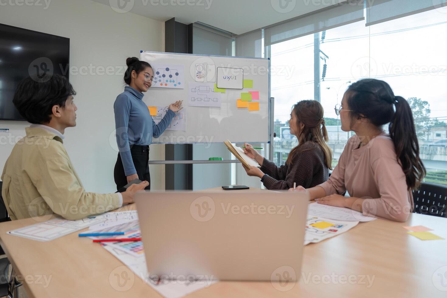 Brainstorm planing creative teamwork, Close up of hands mobile phone app developer team meeting about screen display prototype layout for smartphone, ui, ux concept photo
