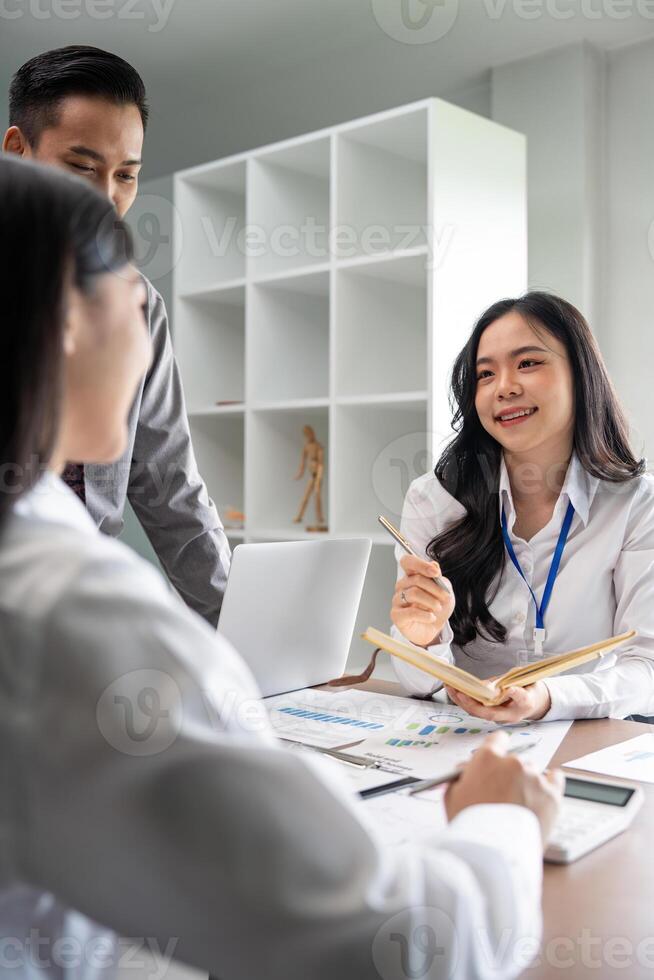 Business collaboration discussion working analyzing with financial data and marketing growth report graph in team, brainstorming to strategy planning making profit of company photo