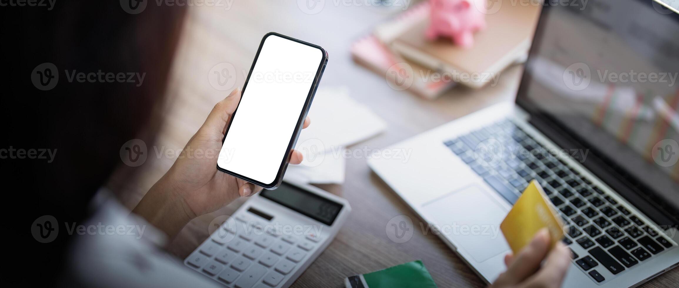 Credit card or smartphone mockup for online payment, investment or savings insurance mock up. finance or woman on smartphone blank screen photo