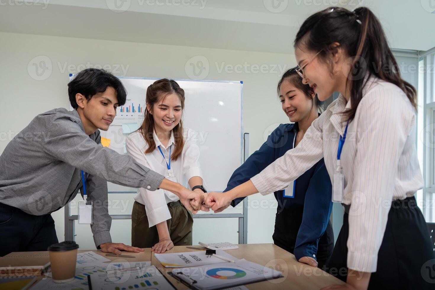 Business teamwork join hands together. business group of young people putting their hands. teamwork join hands support and successful together concept photo