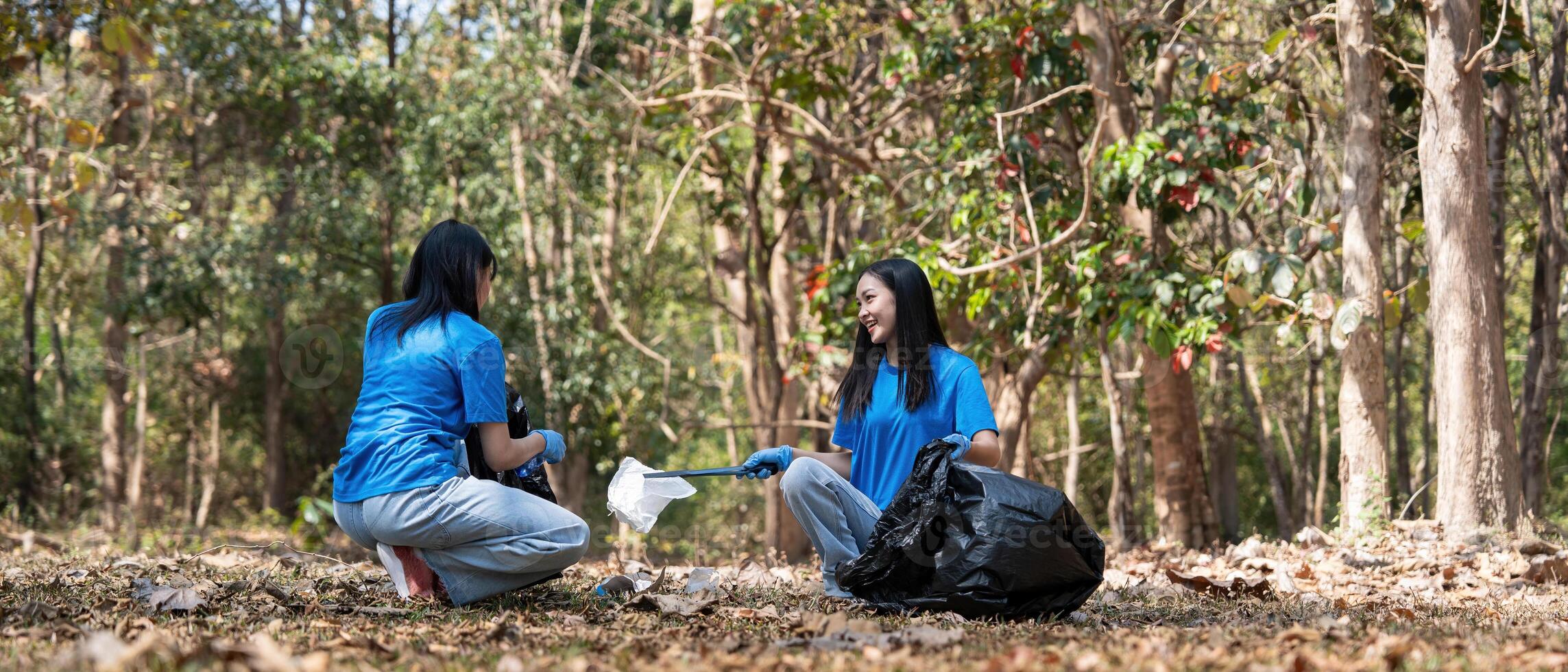 Volunteer collecting plastic trash in the forest. The concept of environmental conservation. Global environmental pollution. Cleaning the forest photo