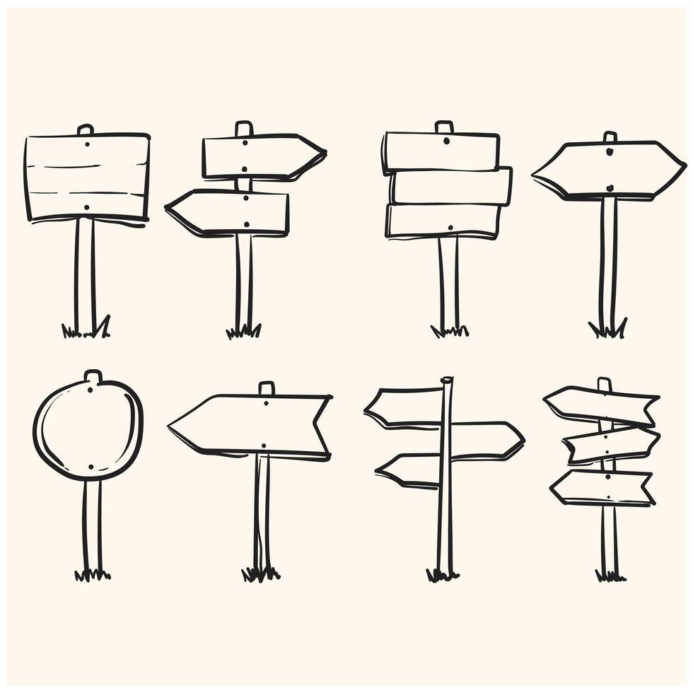 Road direction sign. Doodle sketch style. Street sign with hand drawn wood plank with illustration stye doodle and line art vector
