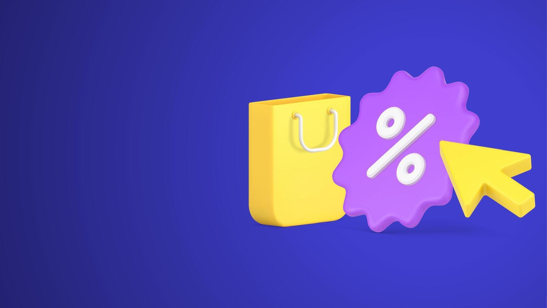 Yellow arrow pointing into seasonal sale discount with paper shopping bag and percentage tag 3d icon vector