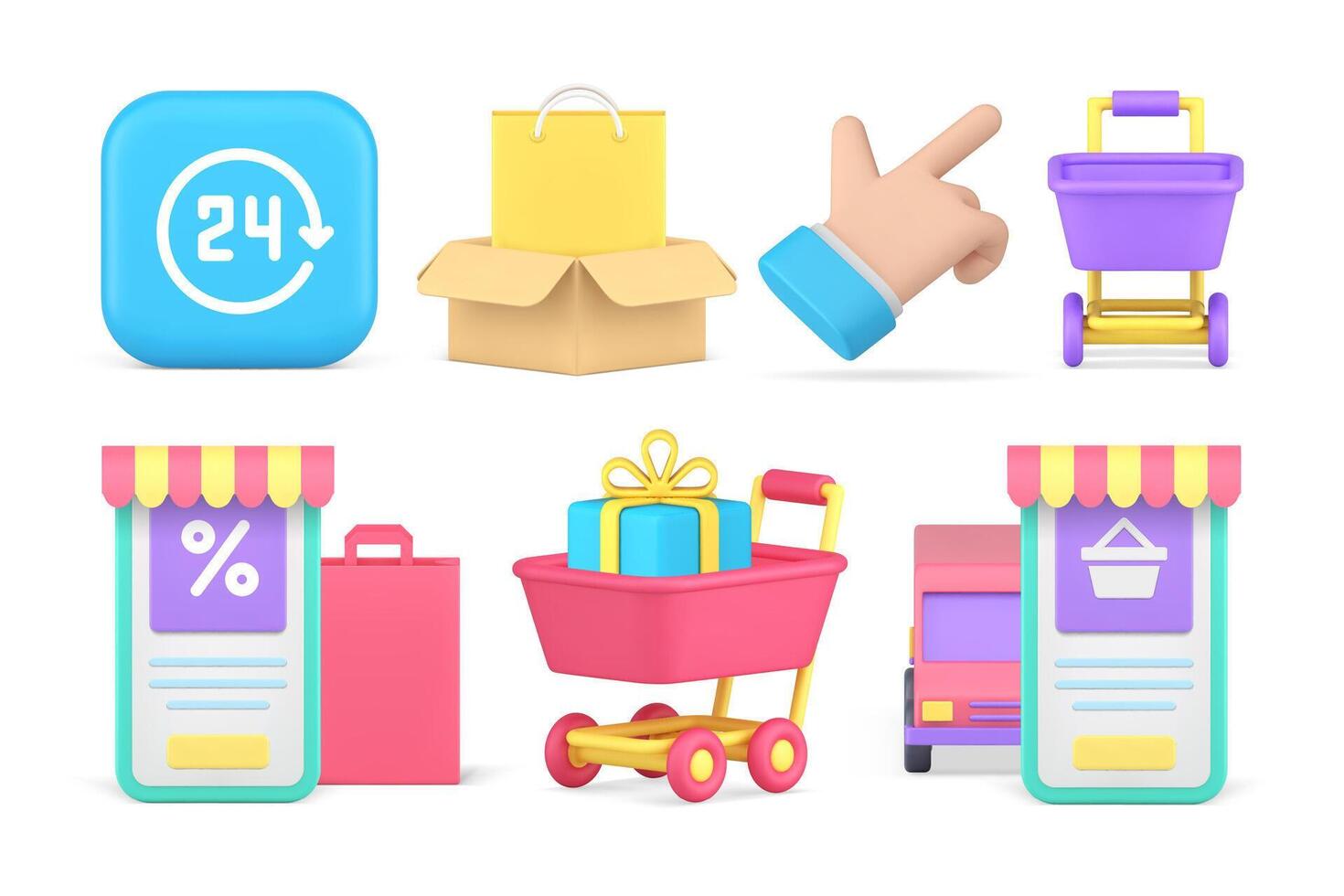 Internet shopping sale grocery store online supermarket goods delivery set 3d icon realistic vector