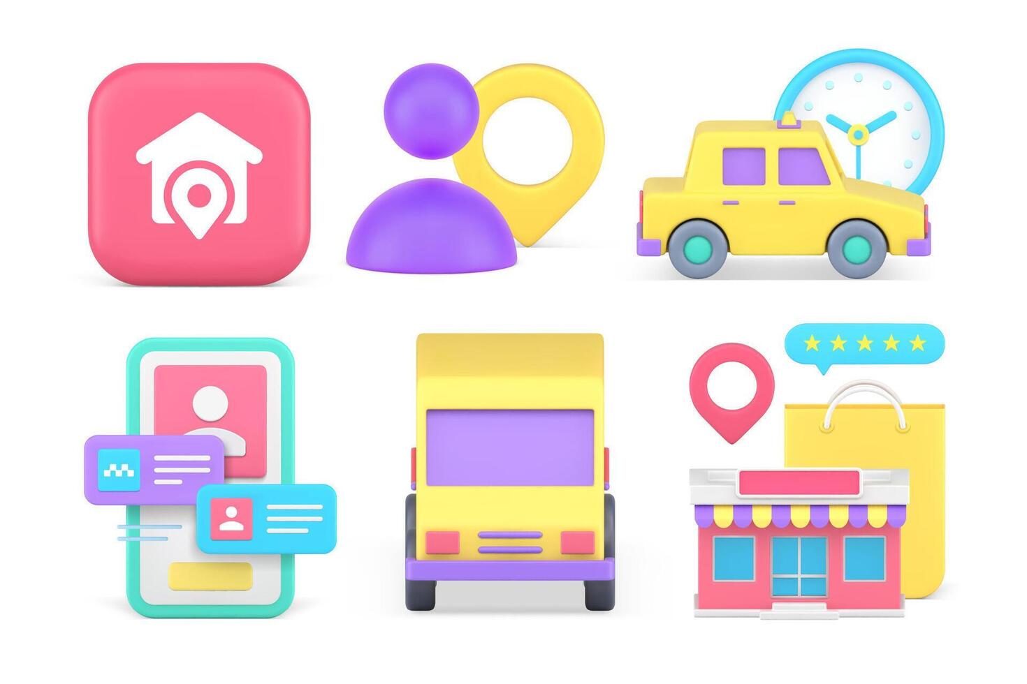 Yellow taxi cab order online shopping delivery smartphone application set 3d icon realistic vector