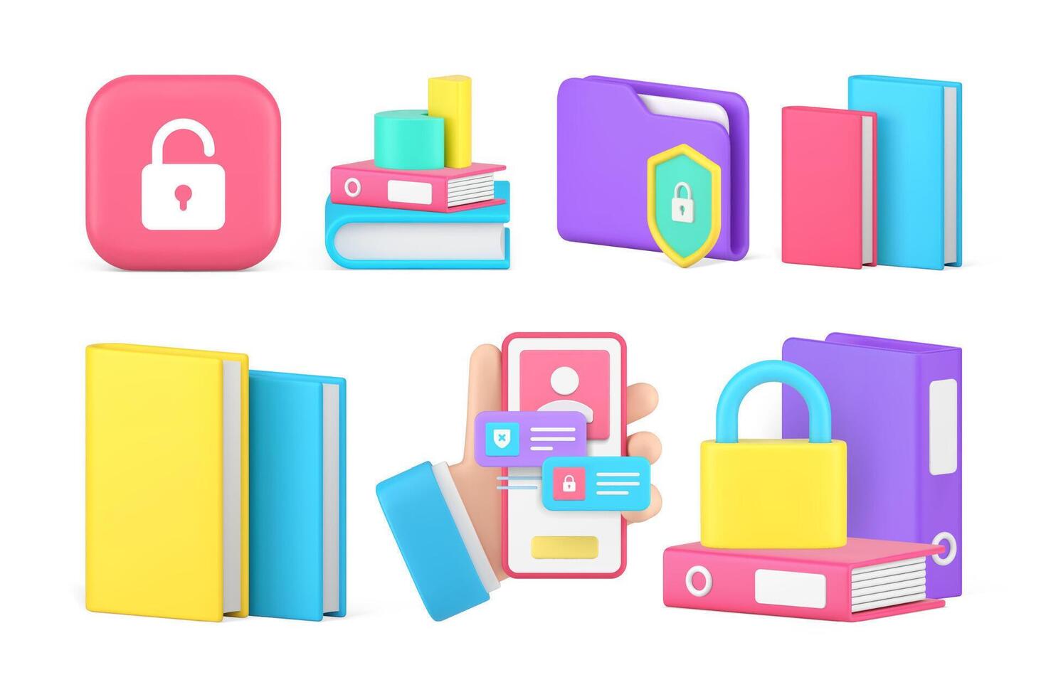Personal data document information safety protection lock encryption access set 3d icon vector