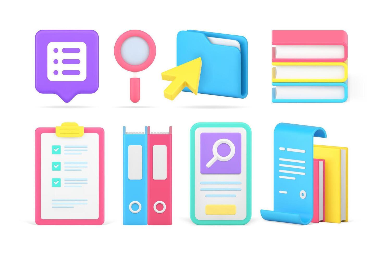 Business learning searching information book folder office paperwork set 3d icon realistic vector
