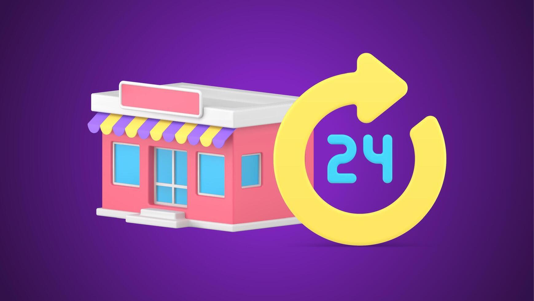 Grocery department store shopping buying goods 24 hours always open available 3d icon vector