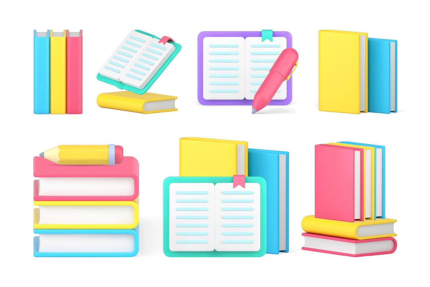 Book textbook library bookstore literature learning education knowledge set 3d icon realistic vector